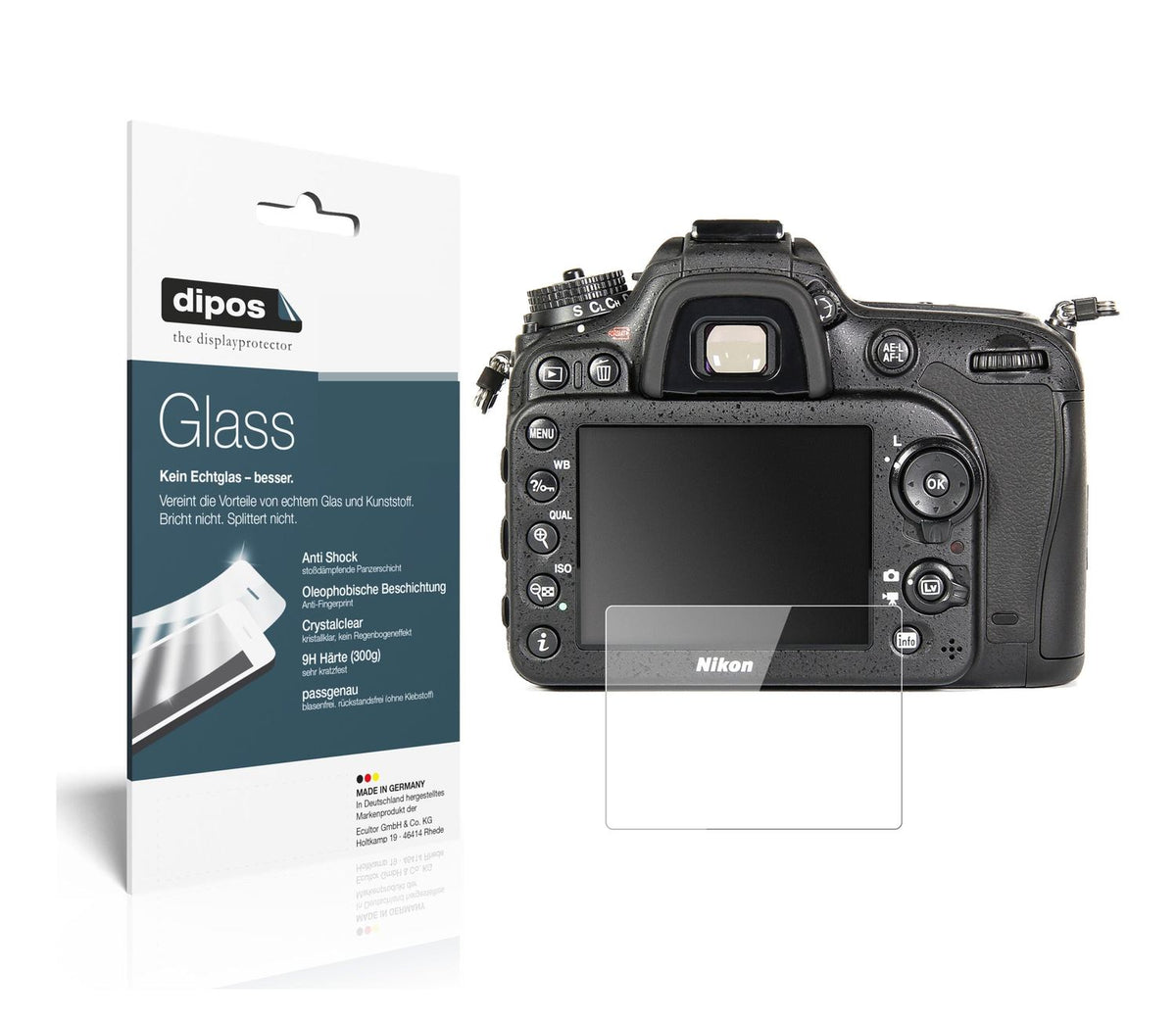 Klare Displayschutzfolie von dipos passend für Nikon D7100, 9H kratzfest und blasenfrei montiert