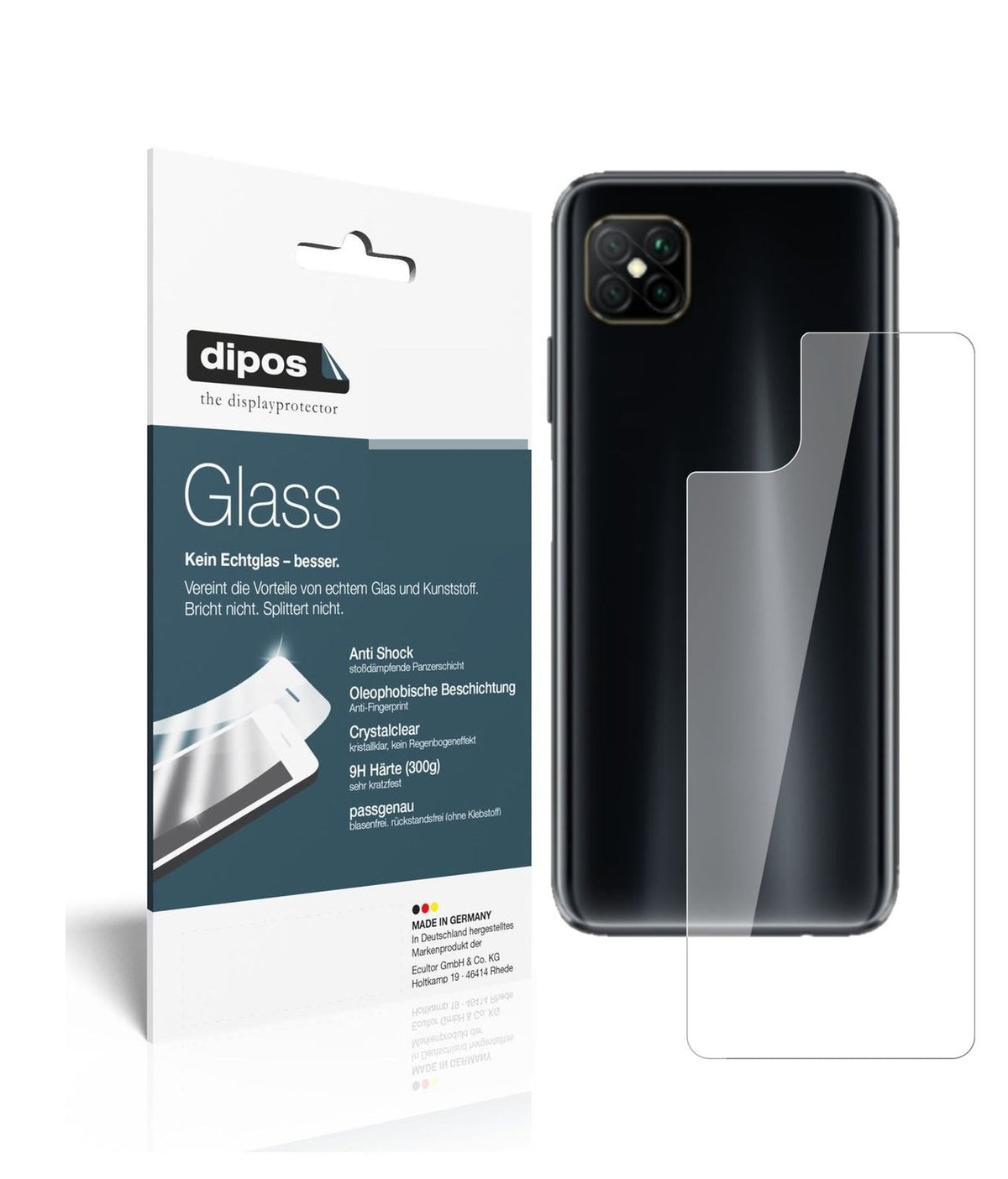 Klare Displayschutzfolie von dipos passend für Oppo A92s Rückseite, 9H kratzfest und blasenfrei montiert