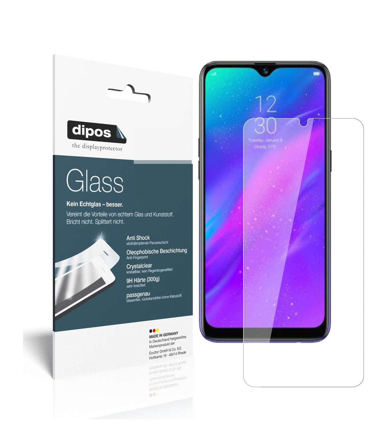 Klare Displayschutzfolie von dipos passend für Oppo Realme 3 Pro, 9H kratzfest und blasenfrei montiert