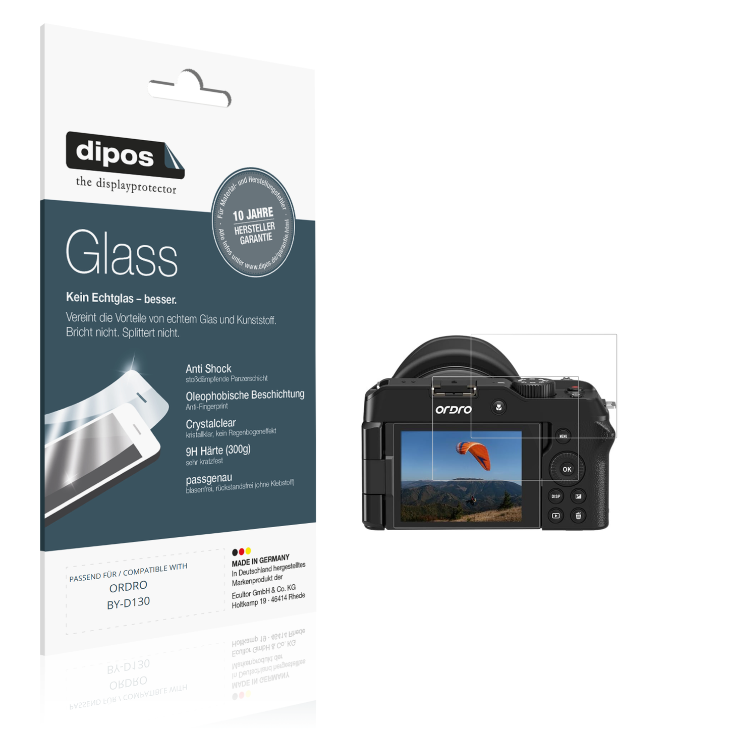 Klare Displayschutzfolie von dipos passend für ORDRO BY-D130, 9H kratzfest und blasenfrei montiert