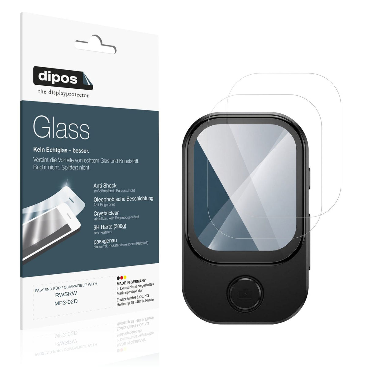 Klare Displayschutzfolie von dipos passend für RWSRW MP3-02D, 9H kratzfest und blasenfrei montiert