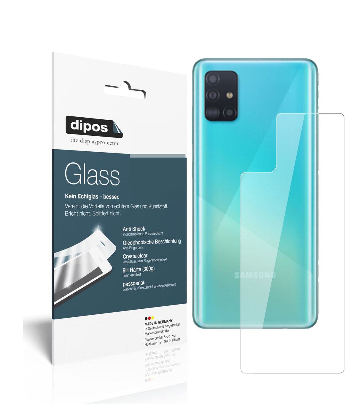 Klare Displayschutzfolie von dipos passend für Samsung Galaxy A71 Rückseite, 9H kratzfest und blasenfrei montiert