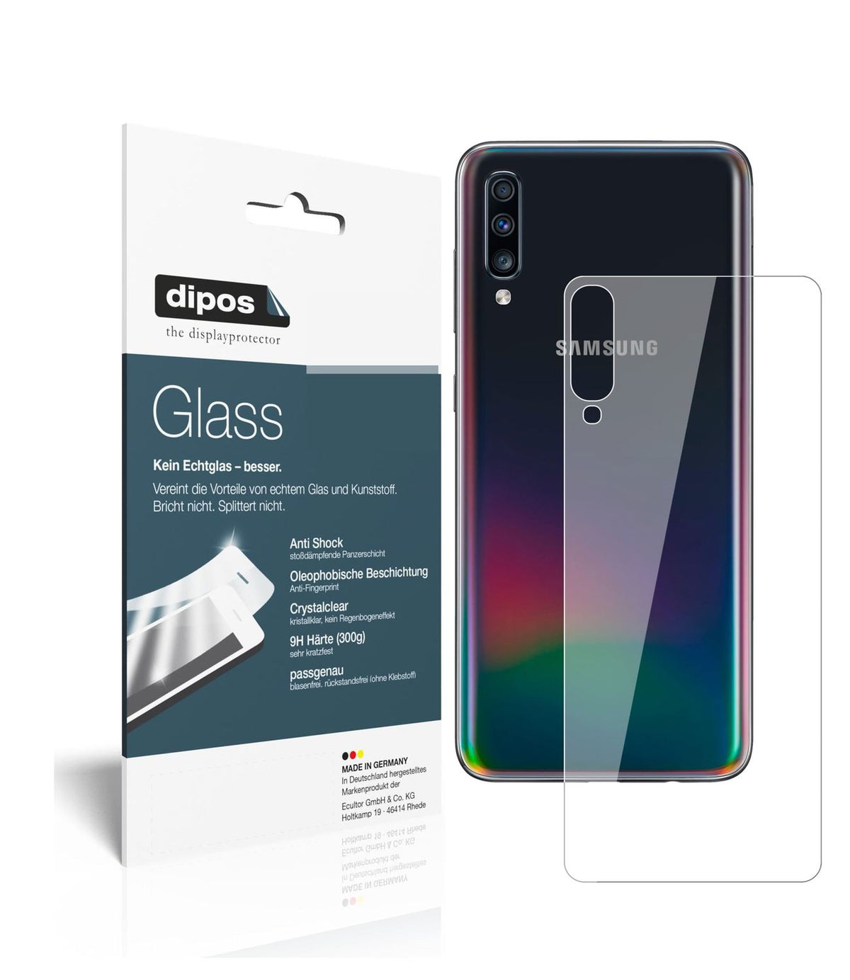 Klare Displayschutzfolie von dipos passend für Samsung Galaxy A70s Rückseite, 9H kratzfest und blasenfrei montiert