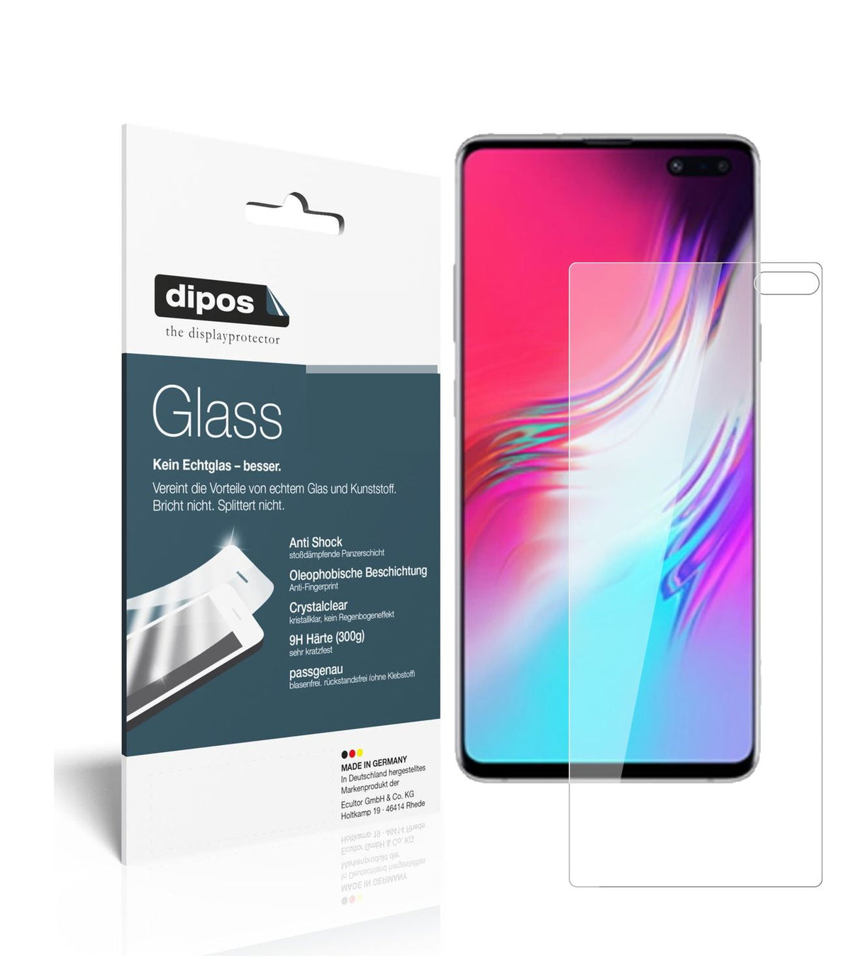 Klare Displayschutzfolie von dipos passend für Samsung Galaxy S10 5G, 9H kratzfest und blasenfrei montiert