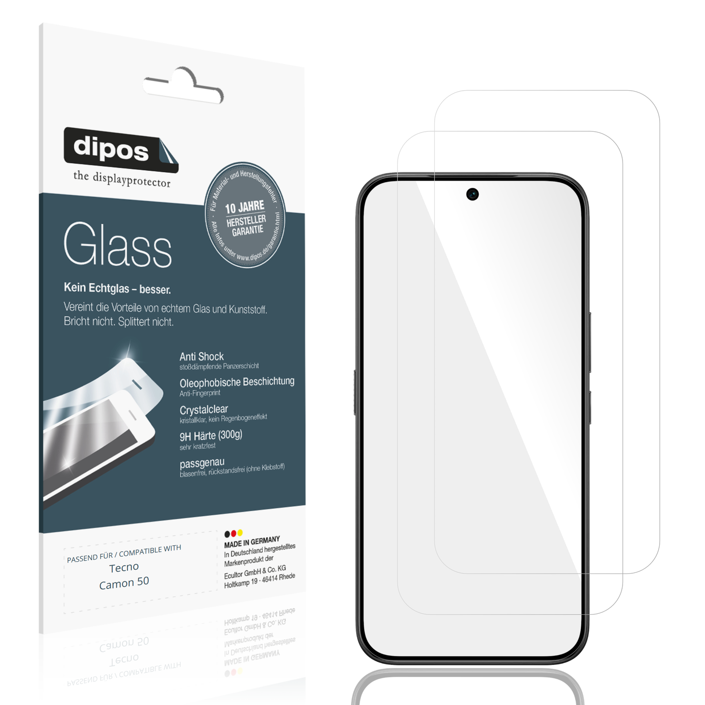 Klare Displayschutzfolie von dipos passend für Tecno Camon 50, 9H kratzfest und blasenfrei montiert