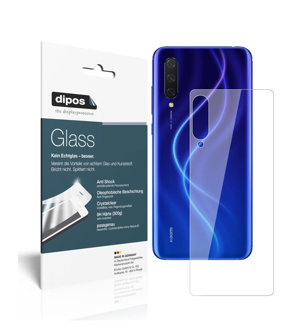 Klare Displayschutzfolie von dipos passend für Xiaomi Mi CC9 Rückseite, 9H kratzfest und blasenfrei montiert
