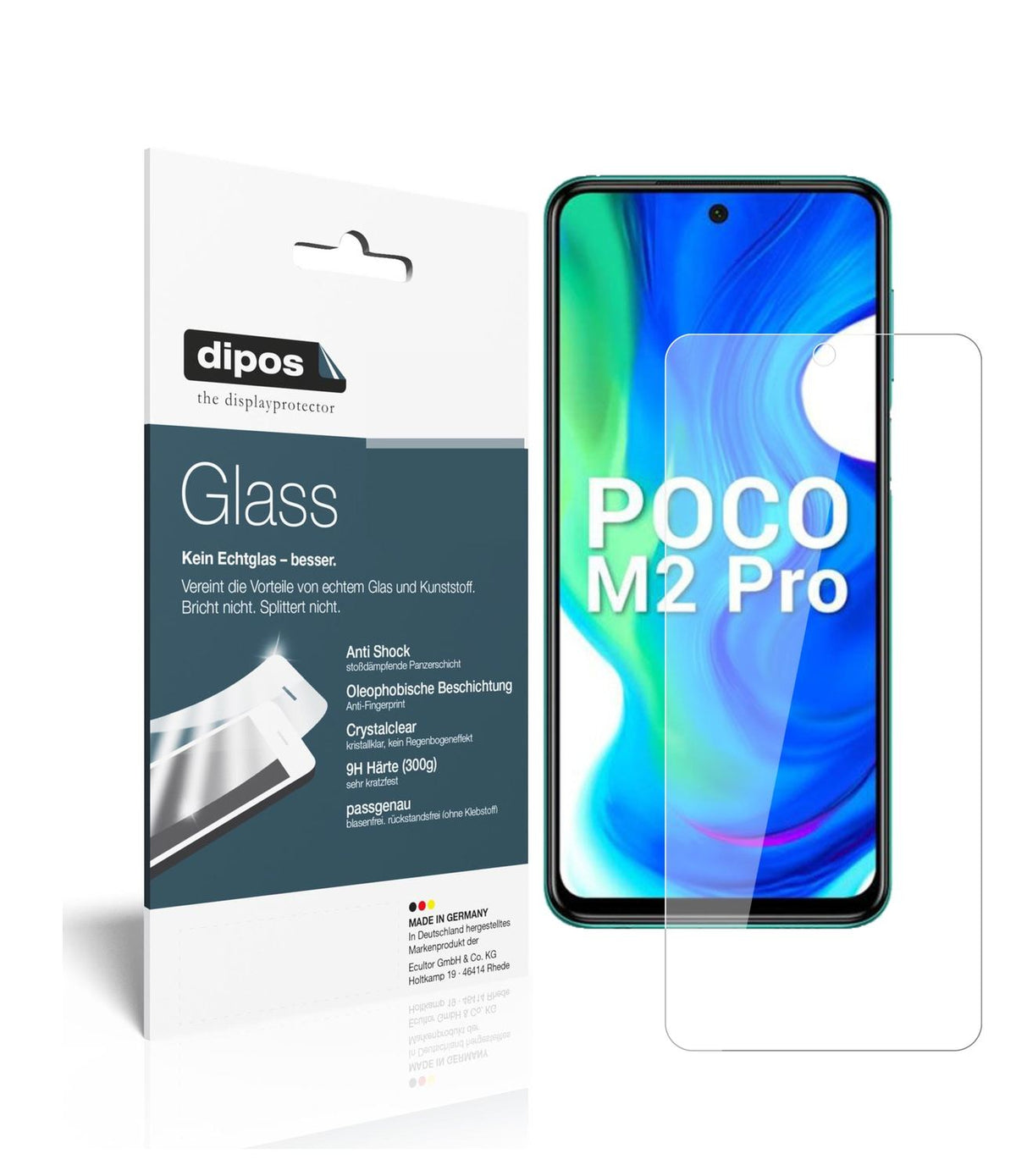 Klare Displayschutzfolie von dipos passend für Poco M2 Pro, 9H kratzfest und blasenfrei montiert