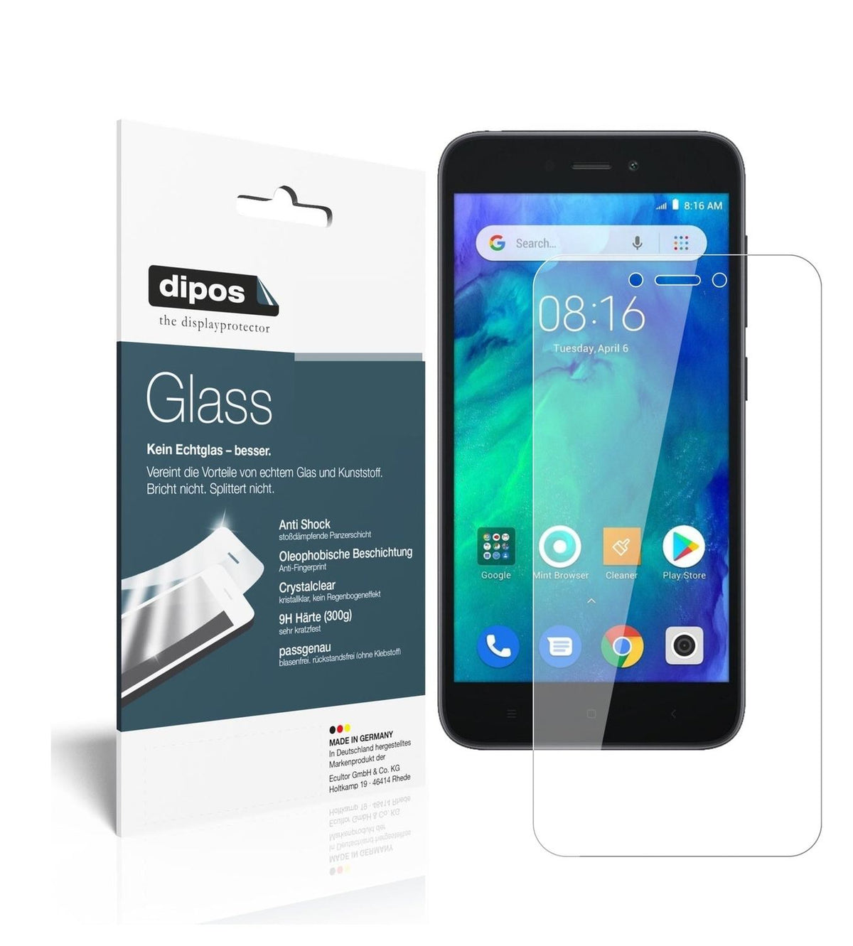 Klare Displayschutzfolie von dipos passend für Xiaomi Redmi Go, 9H kratzfest und blasenfrei montiert