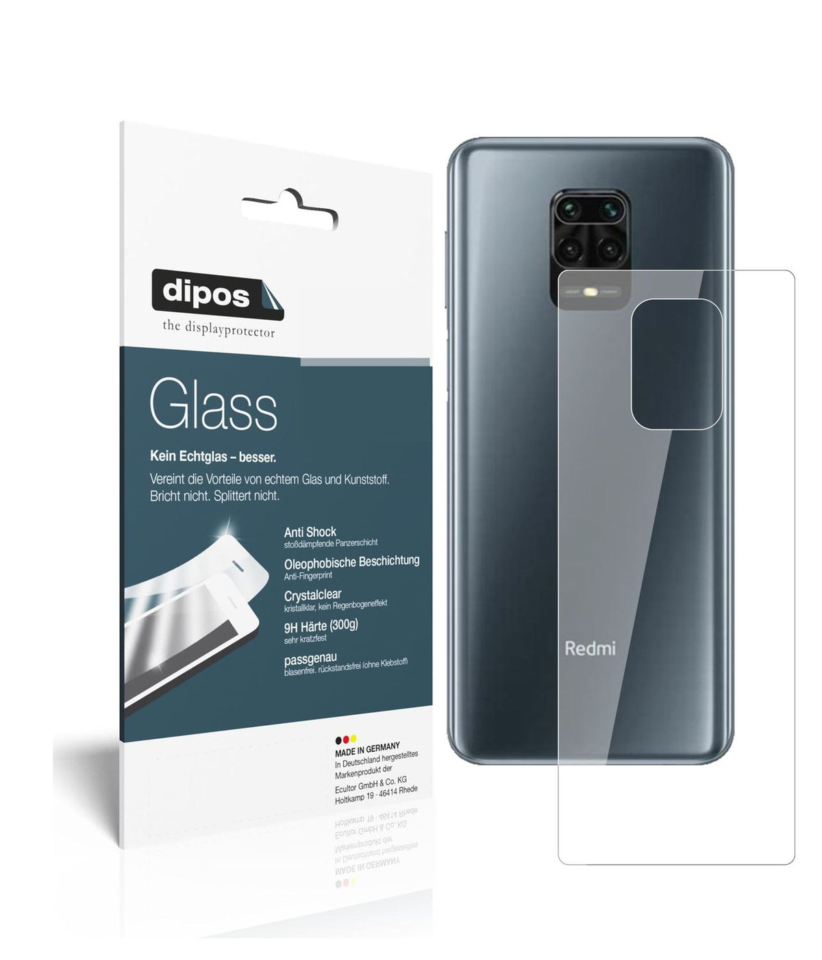 Klare Displayschutzfolie von dipos passend für Xiaomi Redmi Note 9 Pro Rückseite, 9H kratzfest und blasenfrei montiert