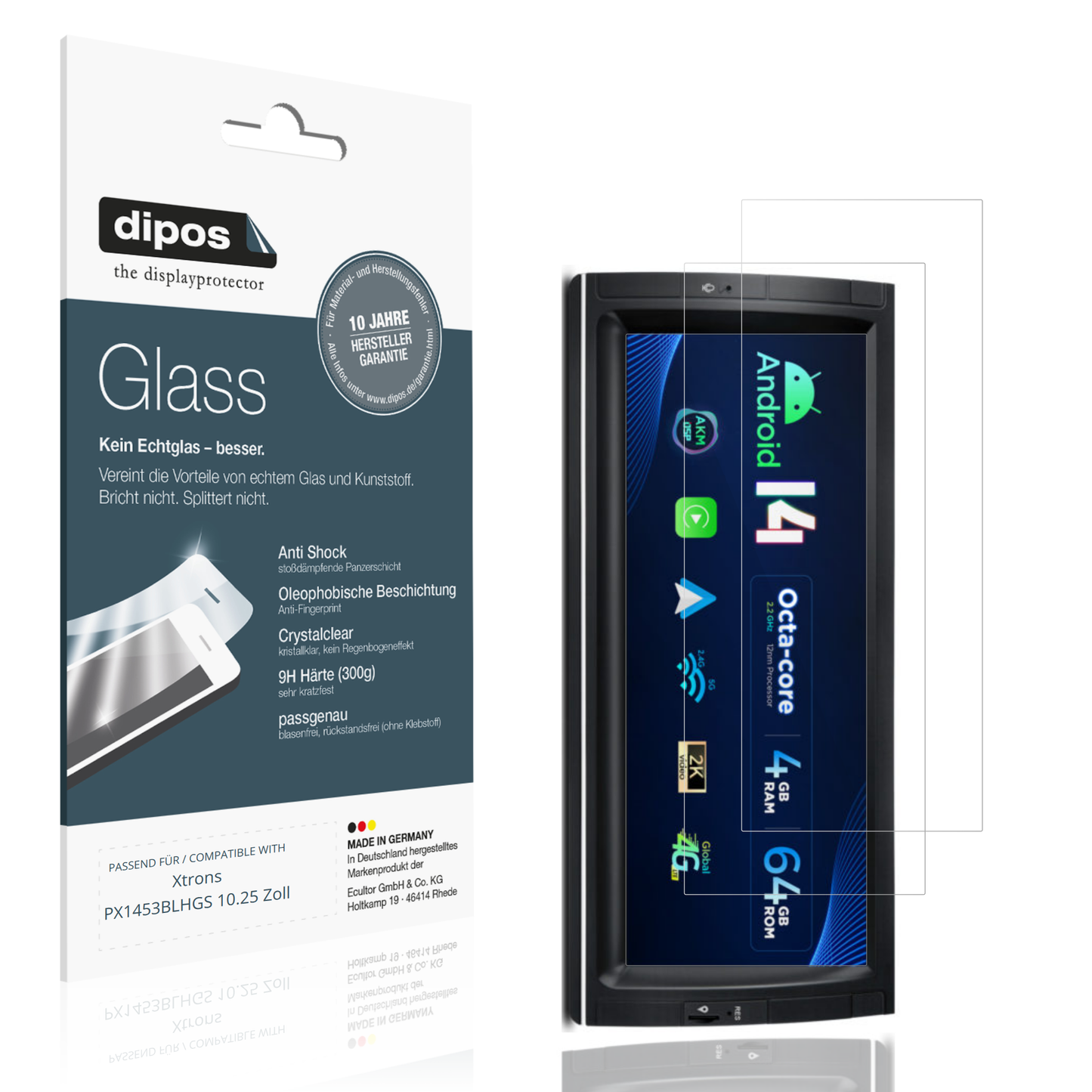 Klare Displayschutzfolie von dipos passend für Xtrons PX1453BLHGS 10.25 Zoll, 9H kratzfest und blasenfrei montiert