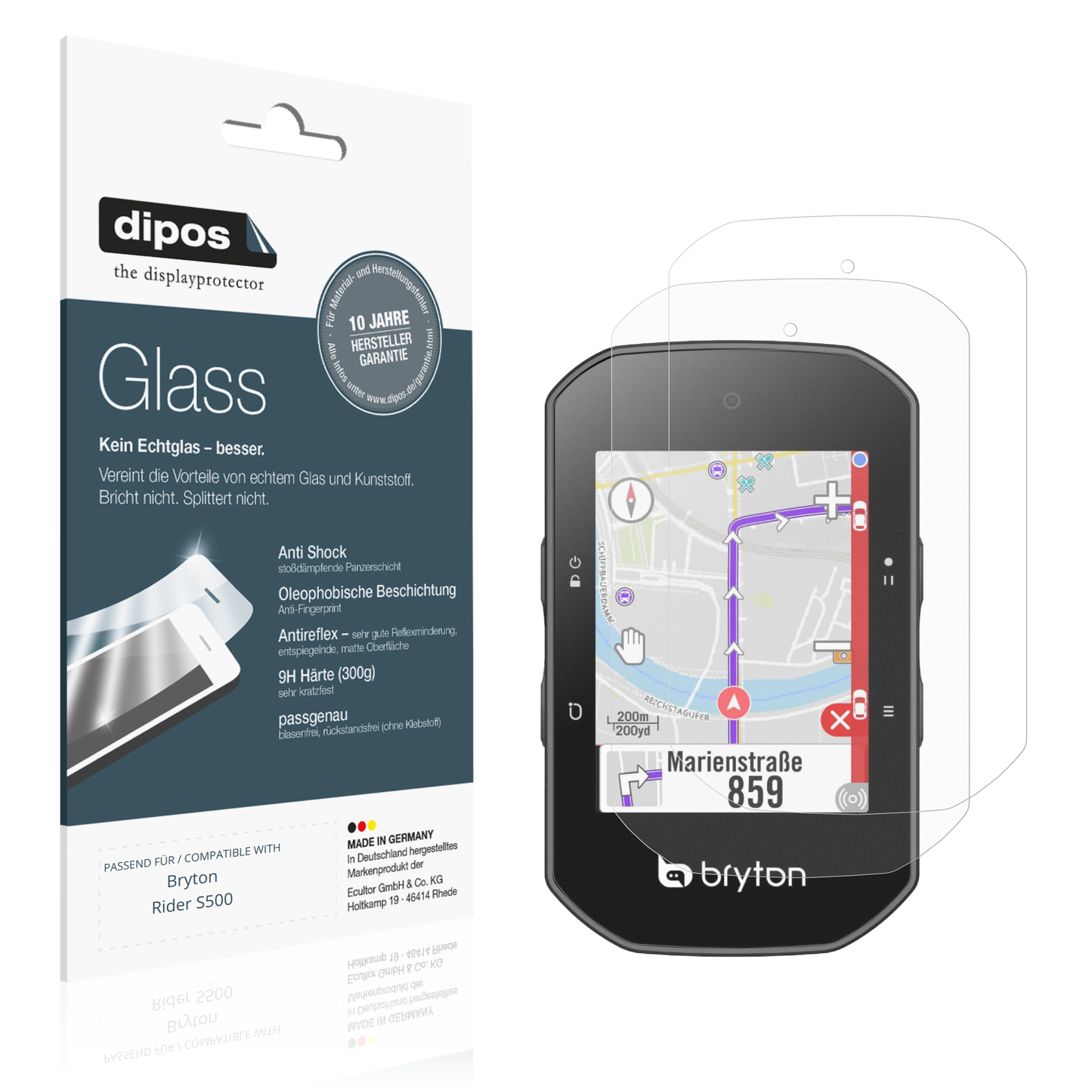 Matte Displayschutzfolie von dipos passend für Bryton Rider S500, 9H kratzfest und blasenfrei montiert