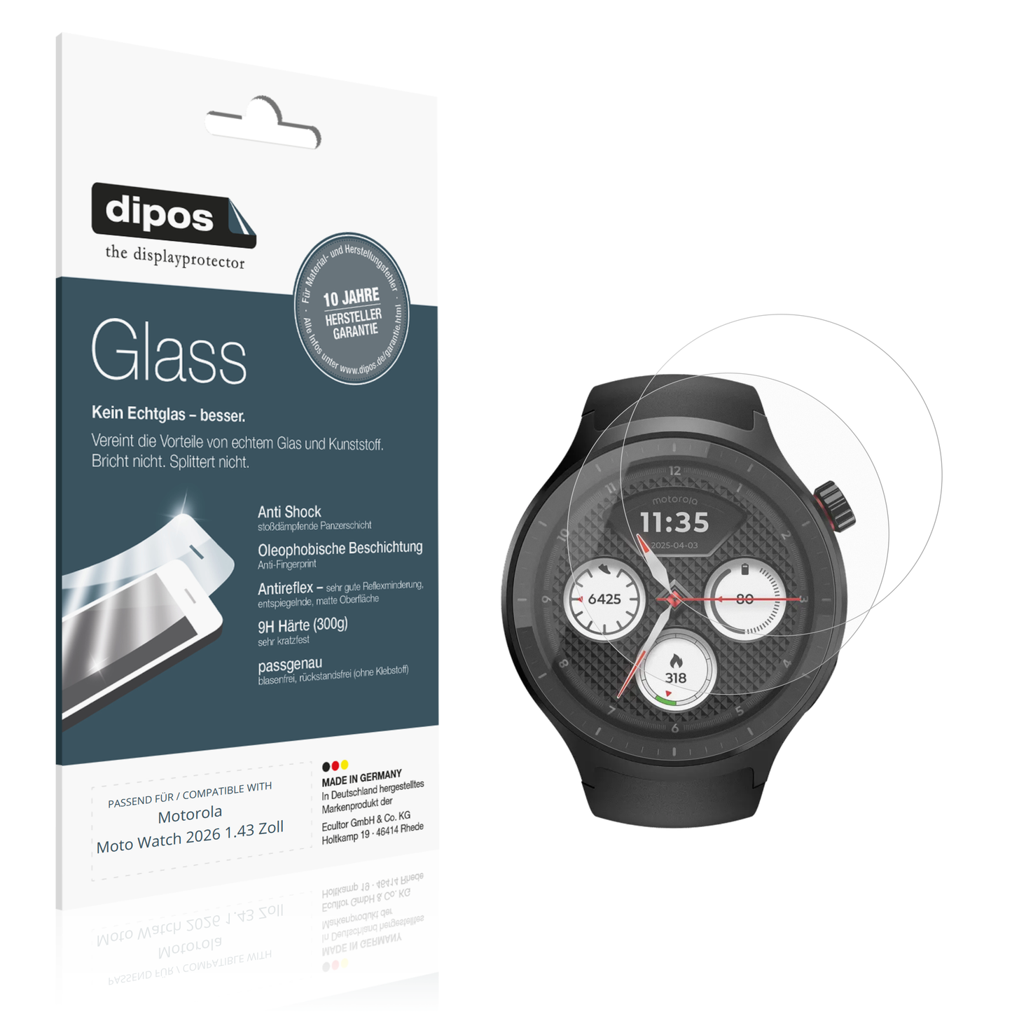 Matte Displayschutzfolie von dipos passend für Motorola Moto Watch 2026 1.43 Zoll, 9H kratzfest und blasenfrei montiert