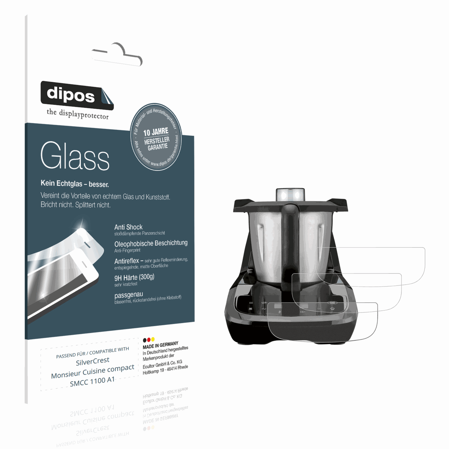 Matte Displayschutzfolie von dipos passend für SilverCrest Monsieur Cuisine compact SMCC 1100 A1, 9H kratzfest und blasenfrei montiert