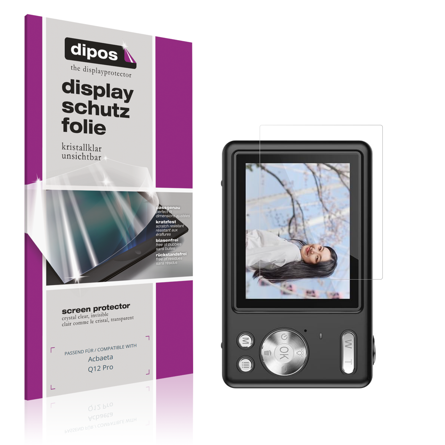 Klare Displayschutzfolie von dipos passend für Acbaeta Q12 Pro, präziser Zuschnitt und blasenfrei montiert