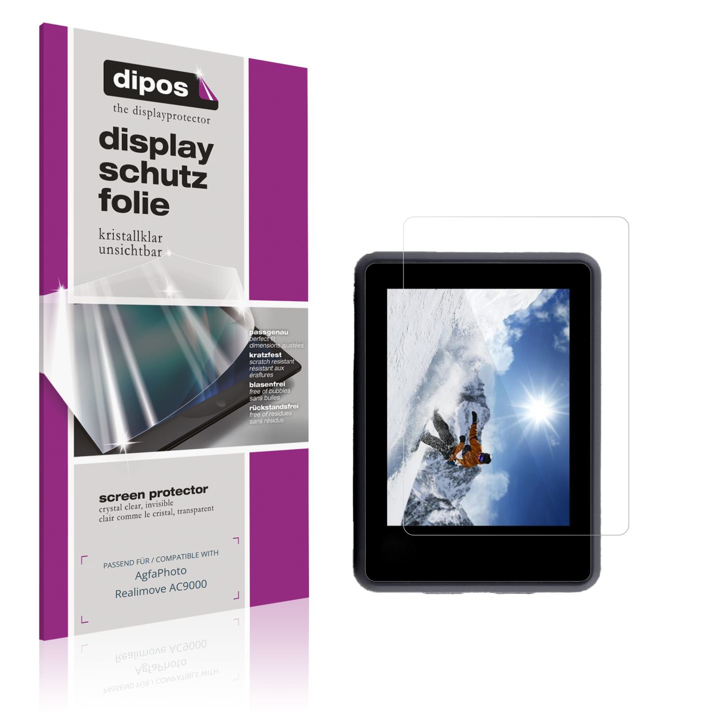 Klare Displayschutzfolie von dipos passend für AgfaPhoto Realimove AC9000, präziser Zuschnitt und blasenfrei montiert