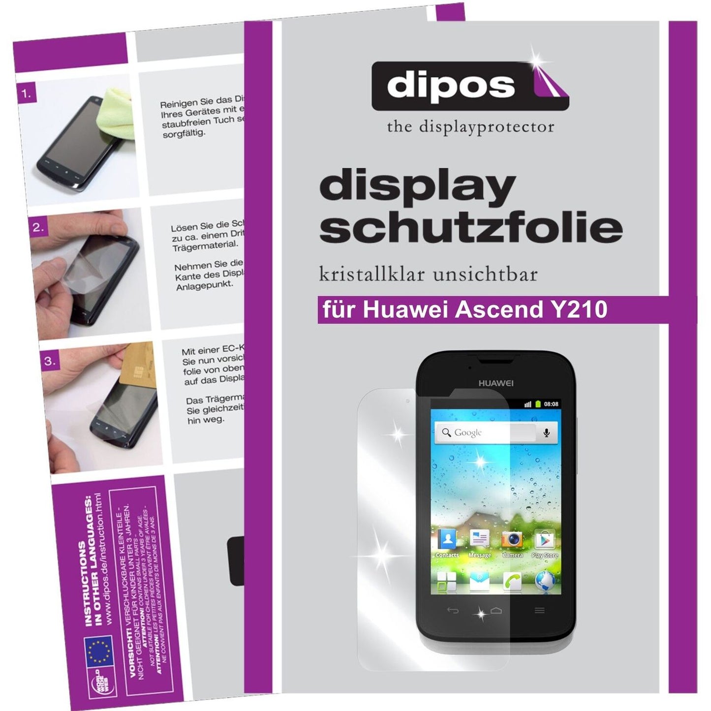 Klare Displayschutzfolie von dipos passend für Ascend Y210 Huawei, präziser Zuschnitt und blasenfrei montiert