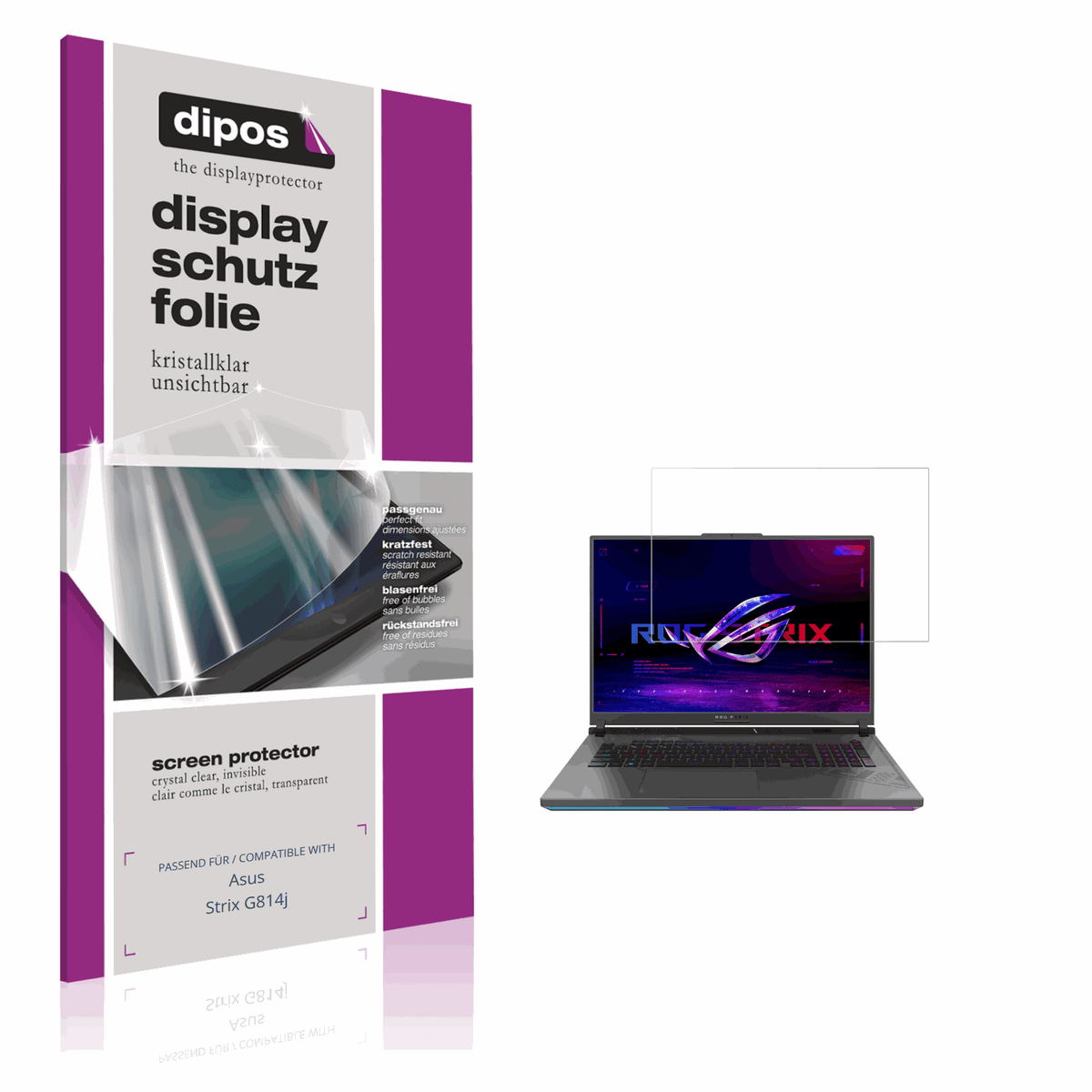 Klare Displayschutzfolie von dipos passend f�r Asus Strix G814j, pr�ziser Zuschnitt und blasenfrei montiert