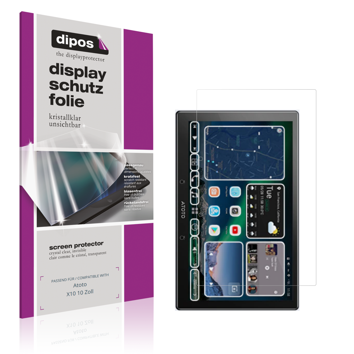 Klare Displayschutzfolie von dipos passend für Atoto X10 10 Zoll, präziser Zuschnitt und blasenfrei montiert