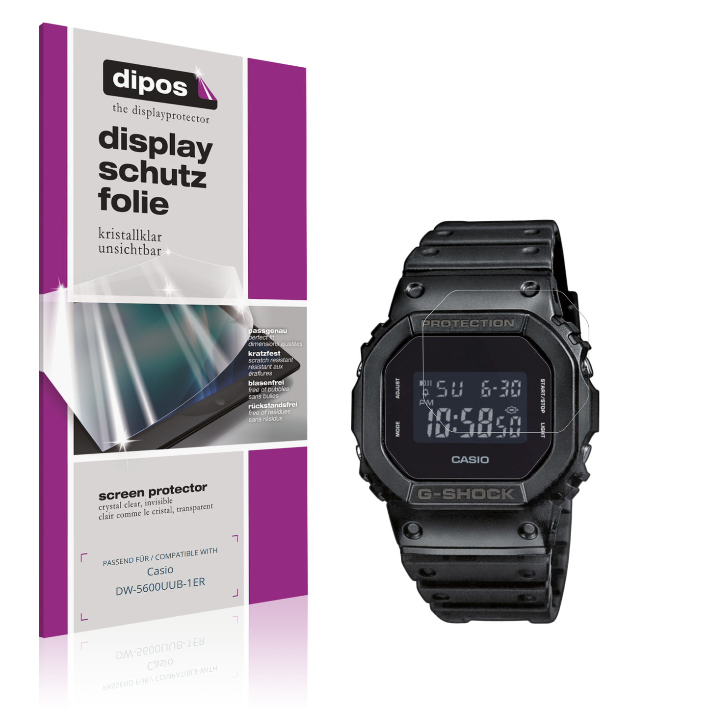 Klare Displayschutzfolie von dipos passend für Casio DW-5600UUB-1ER, präziser Zuschnitt und blasenfrei montiert