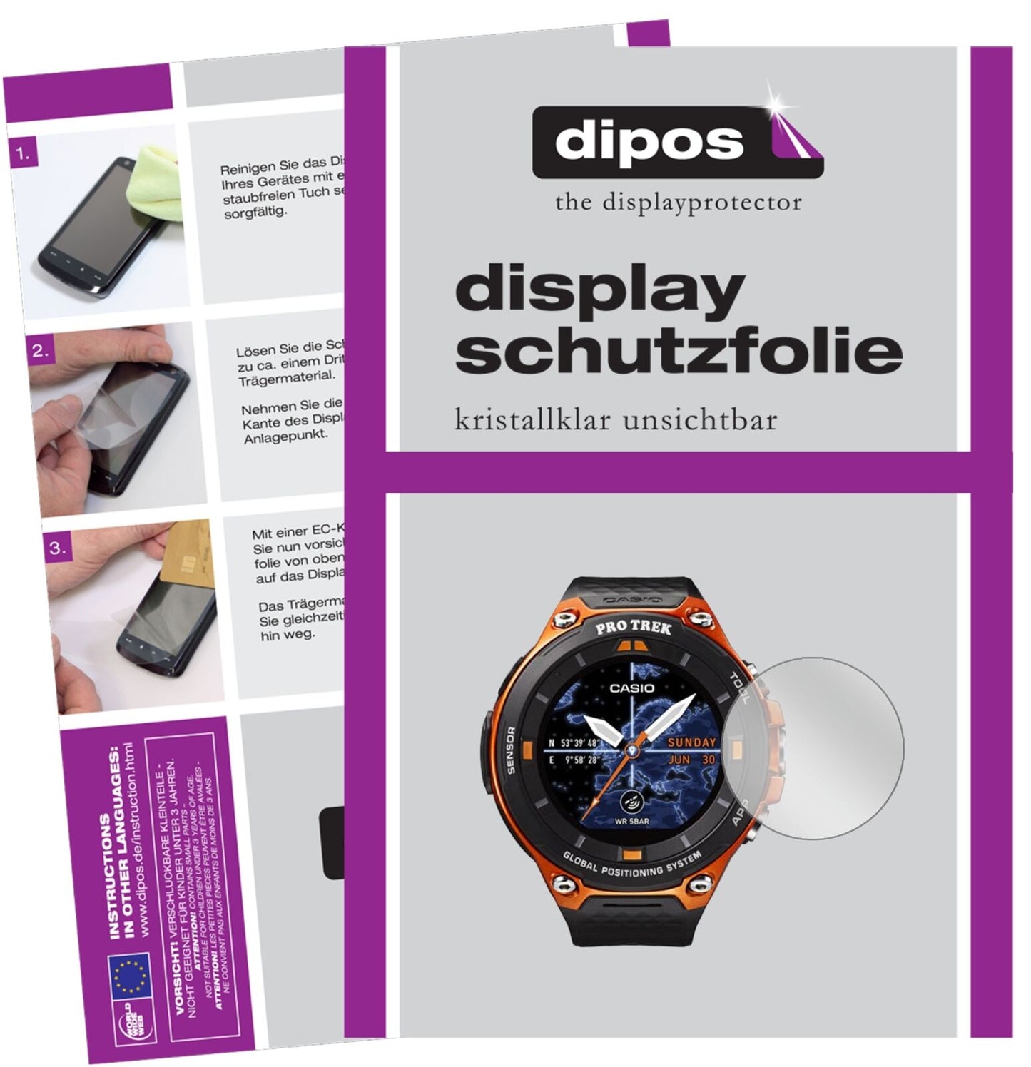 Klare Displayschutzfolie von dipos passend für Casio WSD-F20, präziser Zuschnitt und blasenfrei montiert