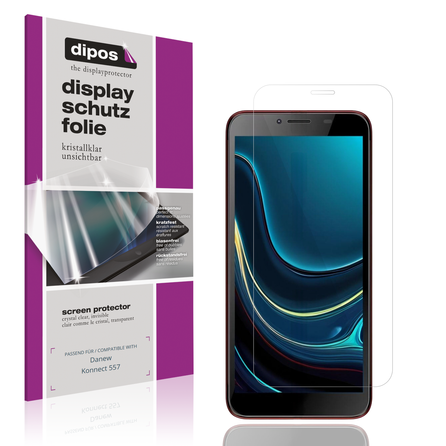 Klare Displayschutzfolie von dipos passend für Danew Konnect 557, präziser Zuschnitt und blasenfrei montiert