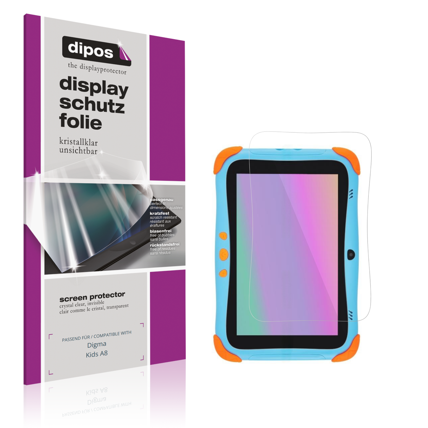 Klare Displayschutzfolie von dipos passend für Digma Kids A8, präziser Zuschnitt und blasenfrei montiert