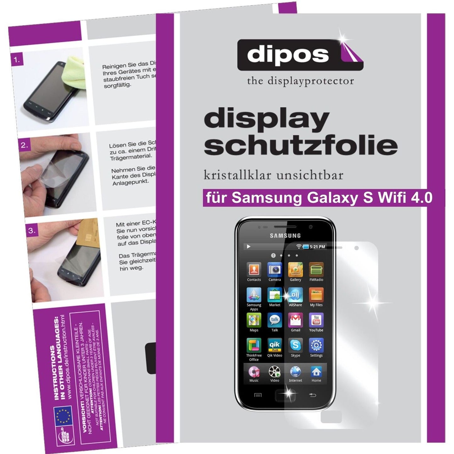 Klare Displayschutzfolie von dipos passend für Galaxy S WiFi 4.0 Samsung, präziser Zuschnitt und blasenfrei montiert