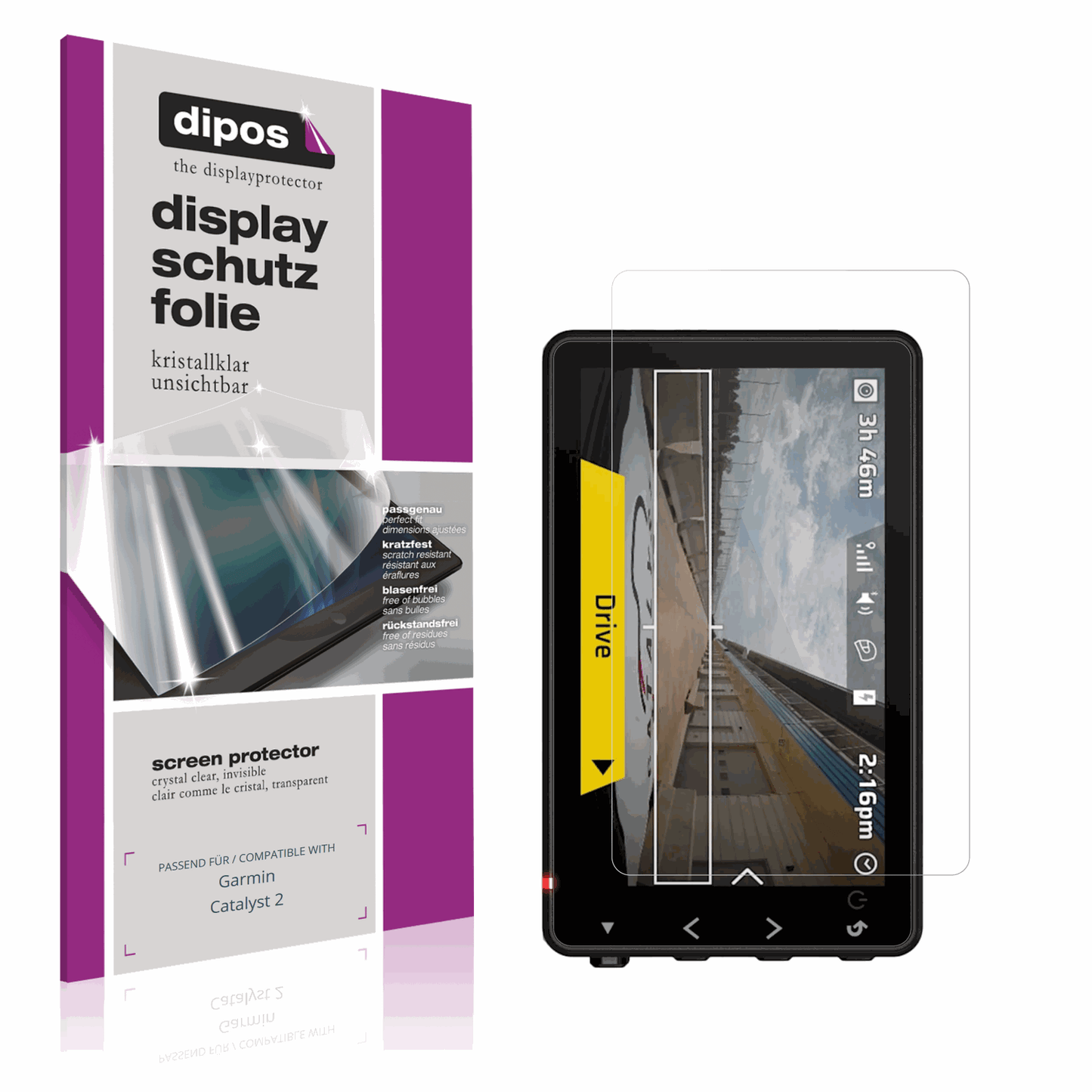 Klare Displayschutzfolie von dipos passend für Garmin Catalyst 2, präziser Zuschnitt und blasenfrei montiert