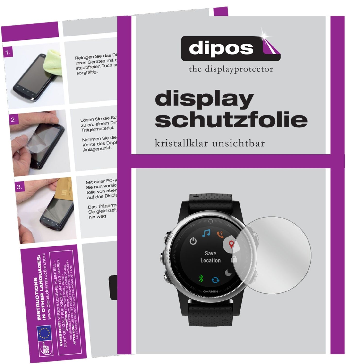Klare Displayschutzfolie von dipos passend für Garmin Fenix 5S, präziser Zuschnitt und blasenfrei montiert