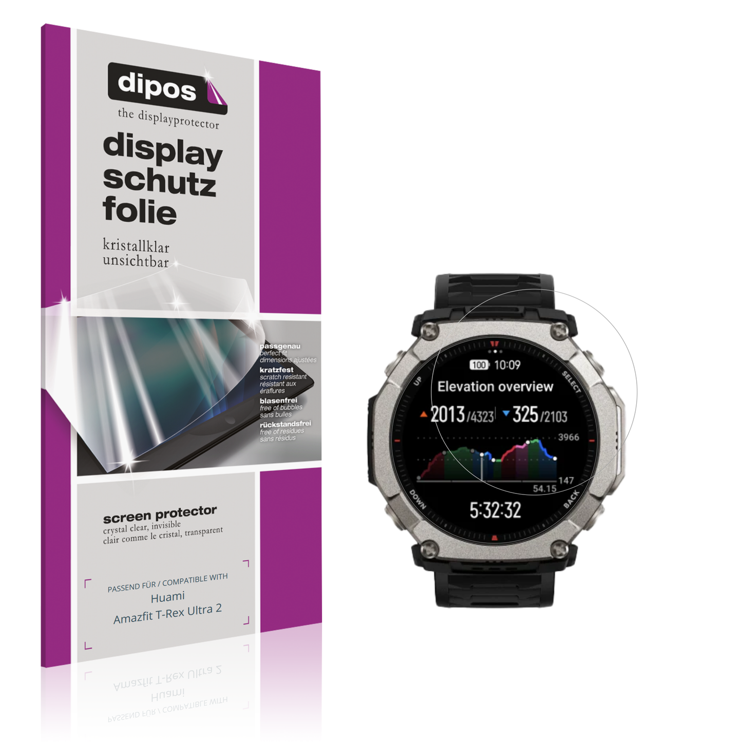 Klare Displayschutzfolie von dipos passend für Huami Amazfit T-Rex Ultra 2, präziser Zuschnitt und blasenfrei montiert