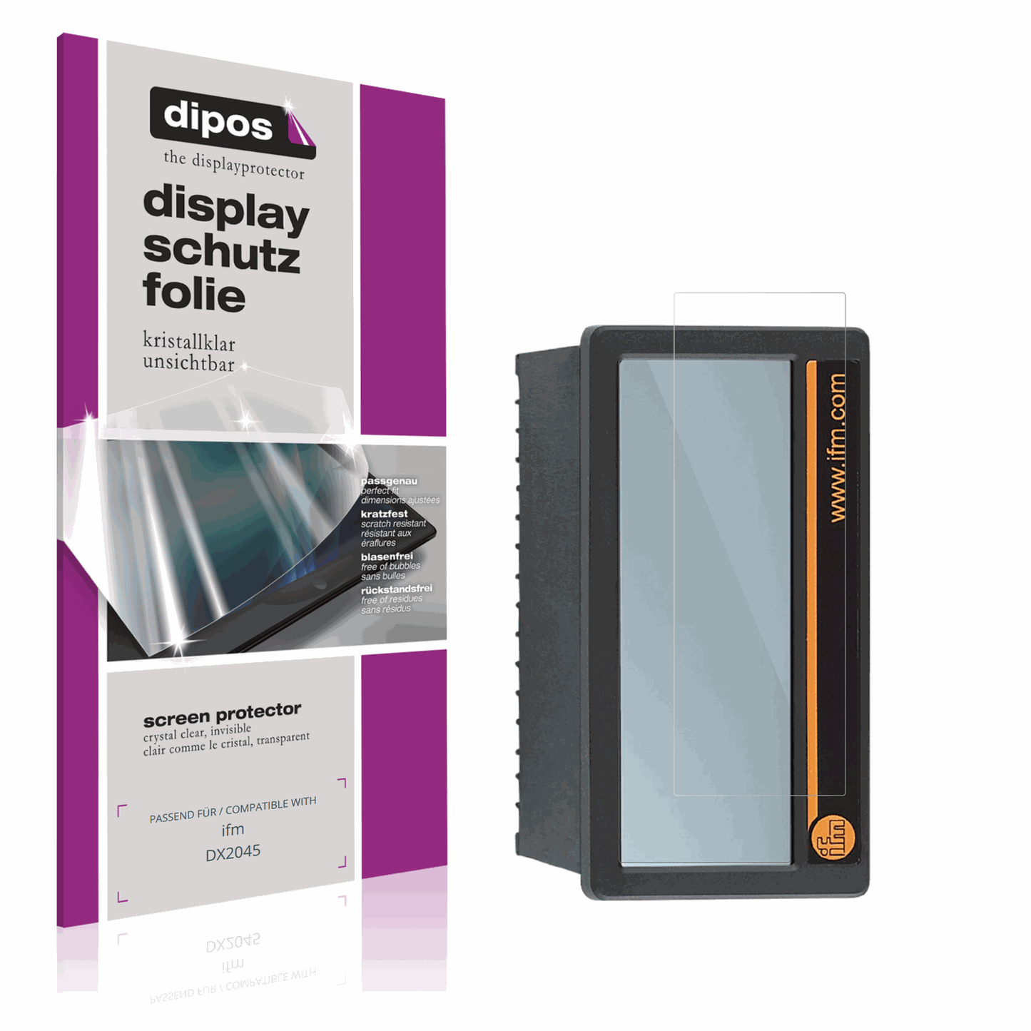 Klare Displayschutzfolie von dipos passend für ifm DX2045, präziser Zuschnitt und blasenfrei montiert