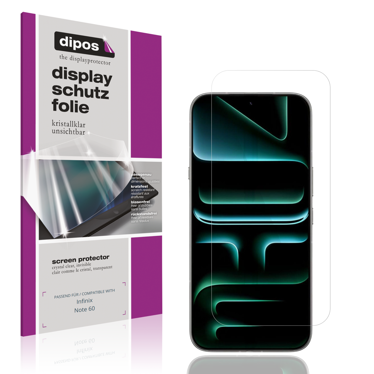 Klare Displayschutzfolie von dipos passend für Infinix Note 60, präziser Zuschnitt und blasenfrei montiert