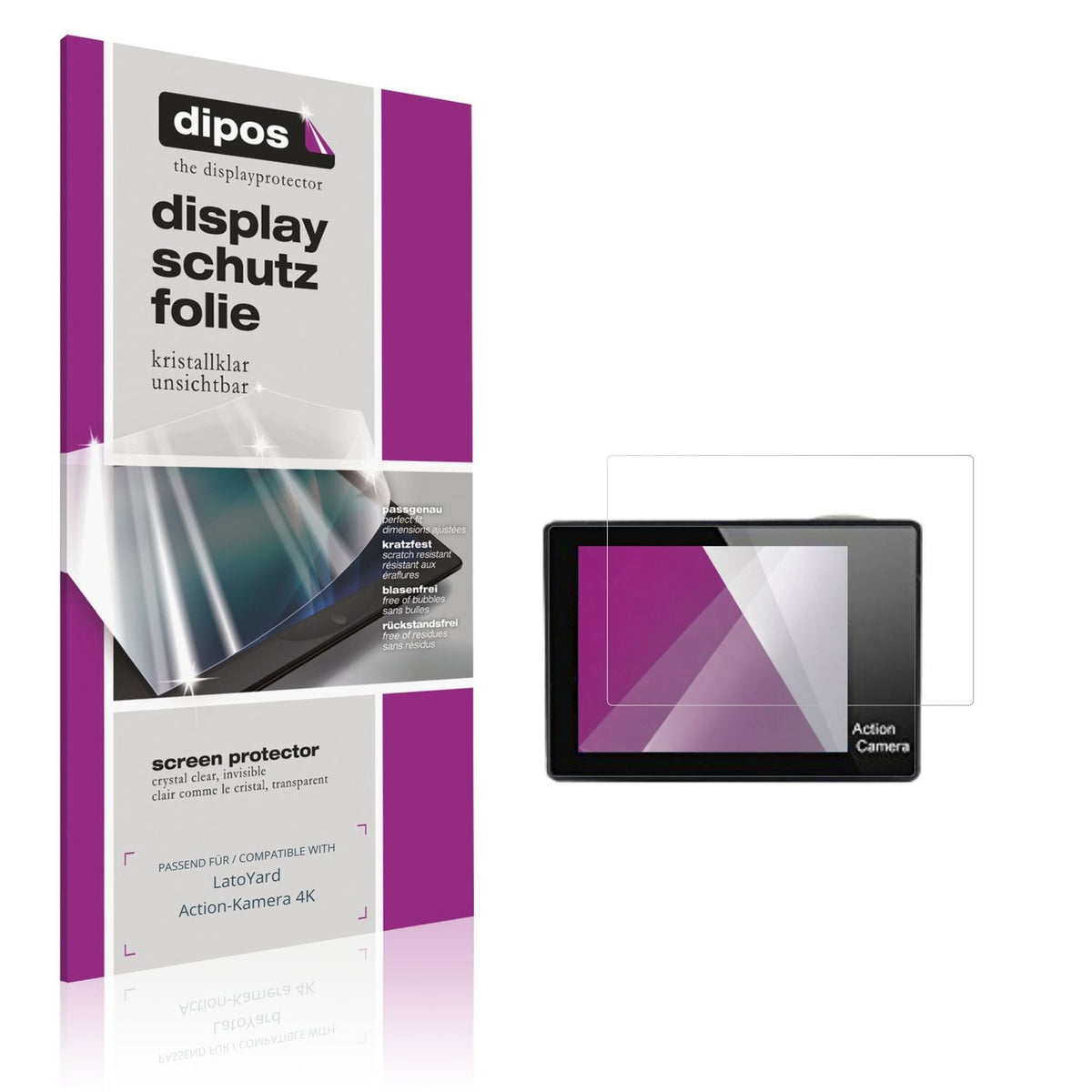 Klare Displayschutzfolie von dipos passend für LatoYard Action-Kamera 4K, präziser Zuschnitt und blasenfrei montiert