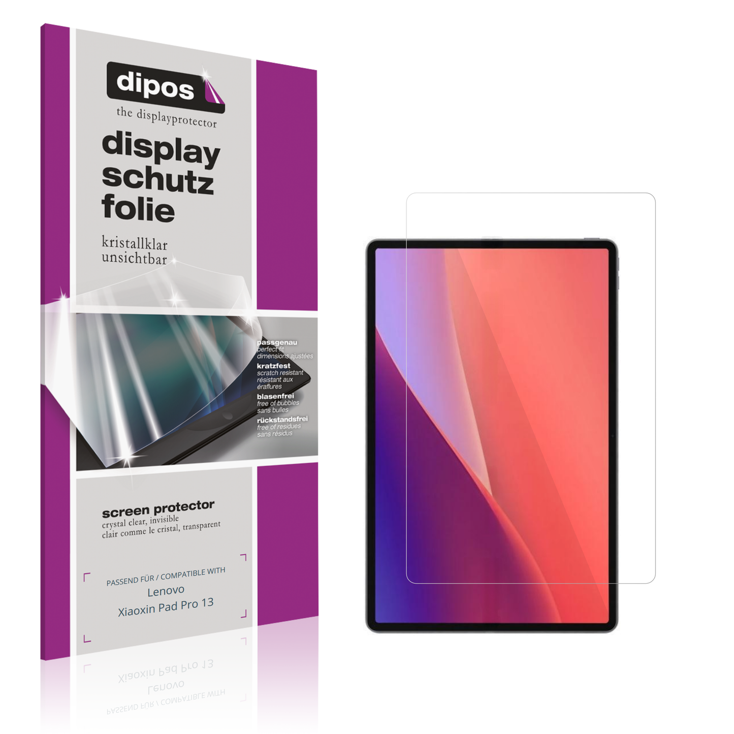 Klare Displayschutzfolie von dipos passend für Lenovo Xiaoxin Pad Pro 13, präziser Zuschnitt und blasenfrei montiert