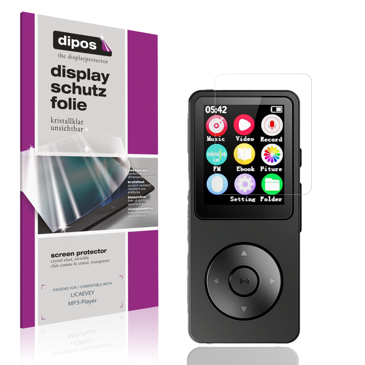 Klare Displayschutzfolie von dipos passend für LICAEVEY MP3-Player, präziser Zuschnitt und blasenfrei montiert