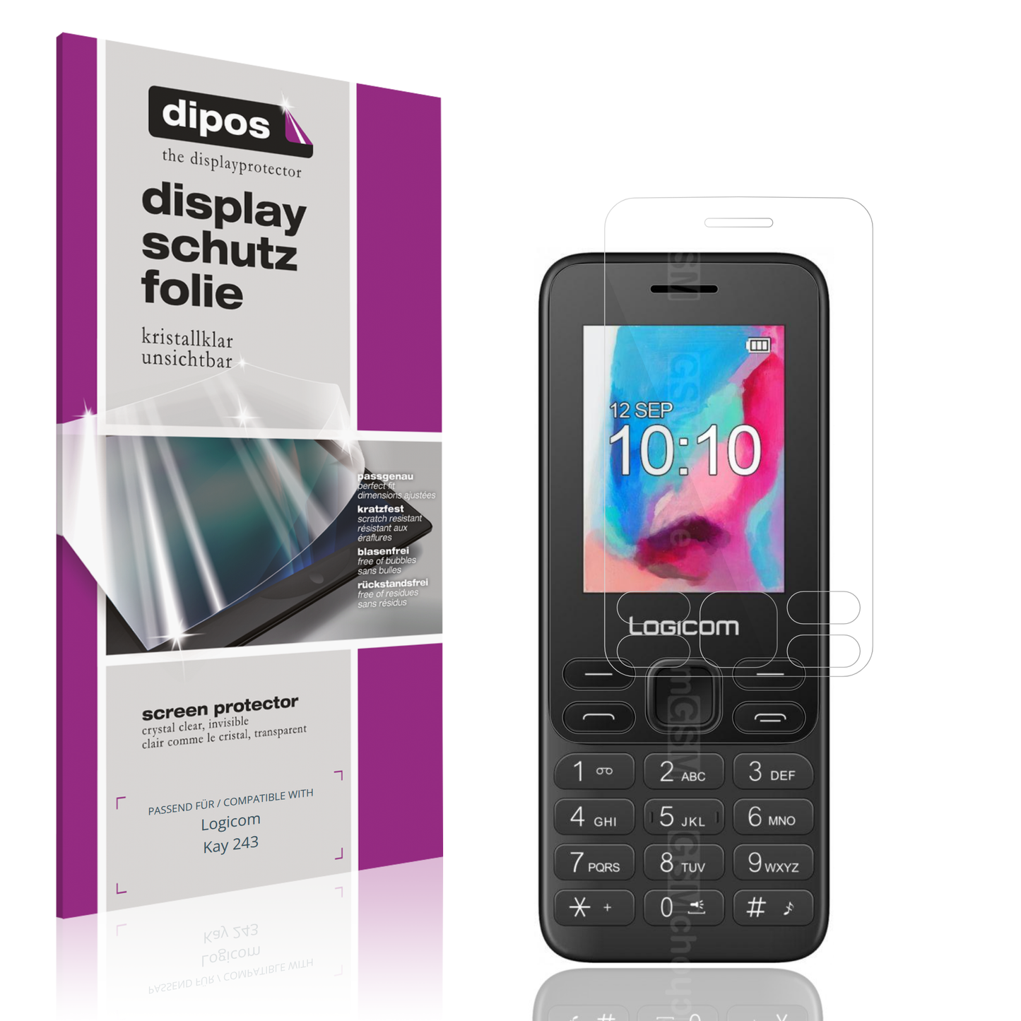 Klare Displayschutzfolie von dipos passend für Logicom Kay 243, präziser Zuschnitt und blasenfrei montiert