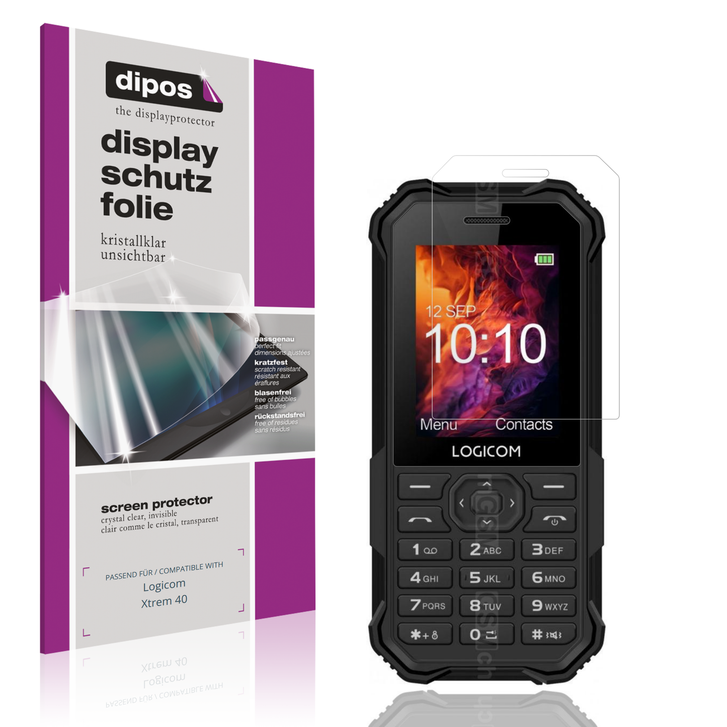 Klare Displayschutzfolie von dipos passend für Logicom Xtrem 40, präziser Zuschnitt und blasenfrei montiert