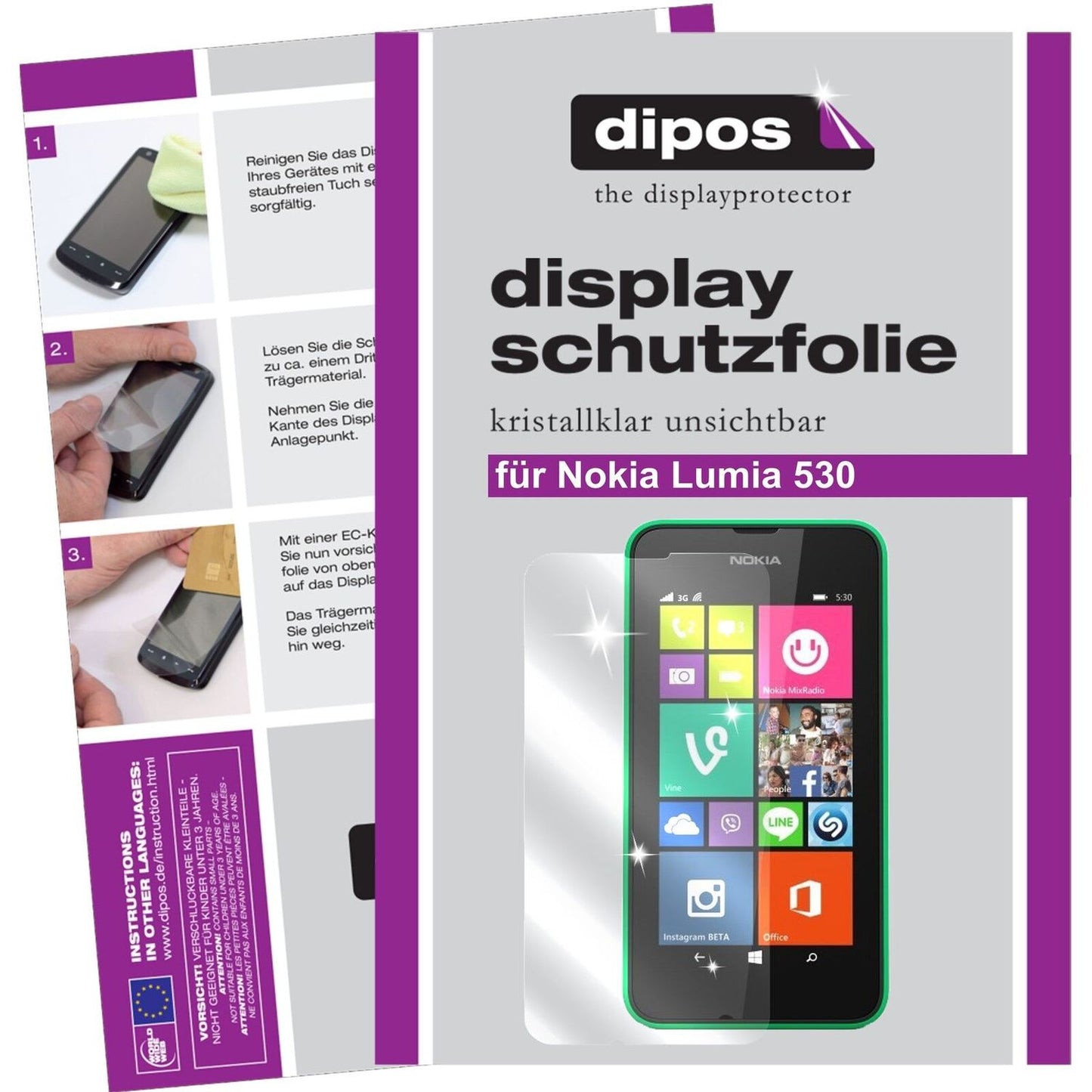 Klare Displayschutzfolie von dipos passend für Lumia 530 Nokia, präziser Zuschnitt und blasenfrei montiert
