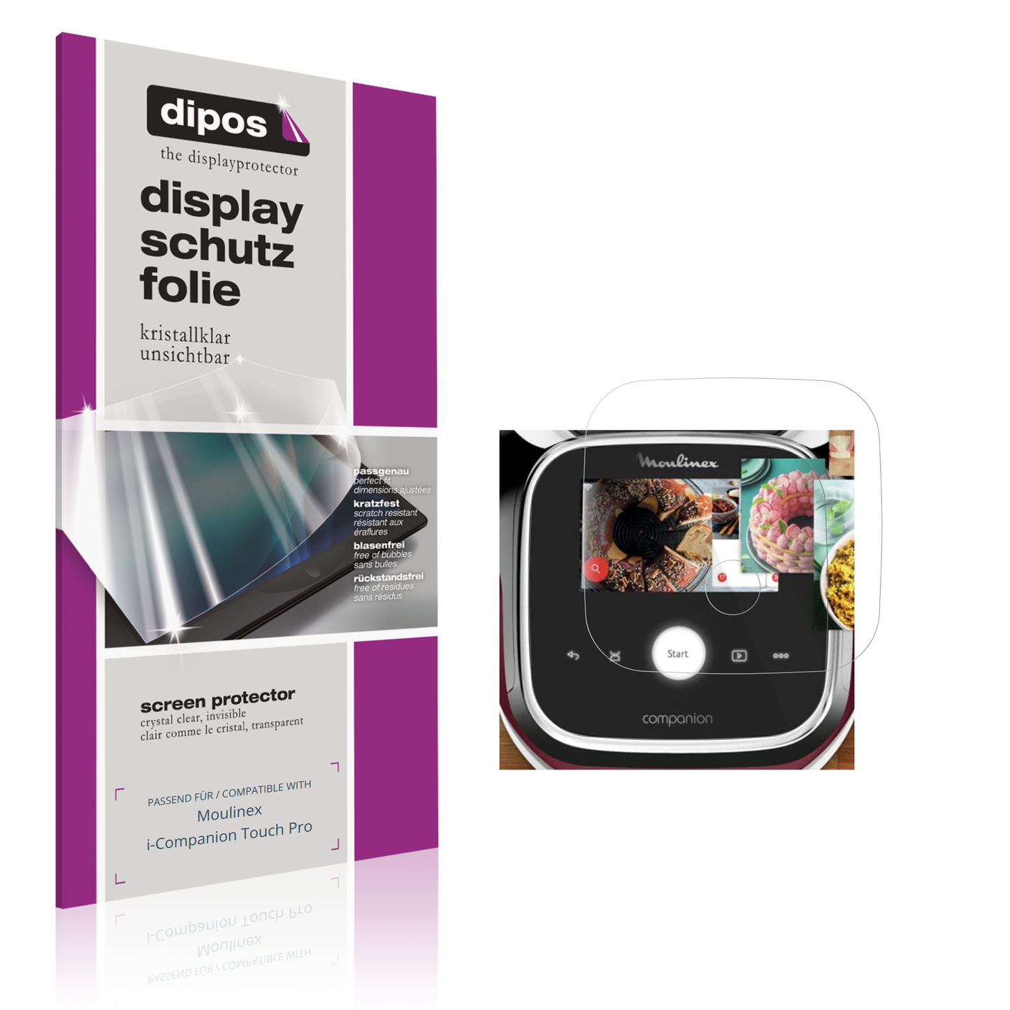 Klare Displayschutzfolie von dipos passend für Moulinex i-Companion Touch Pro, präziser Zuschnitt und blasenfrei montiert