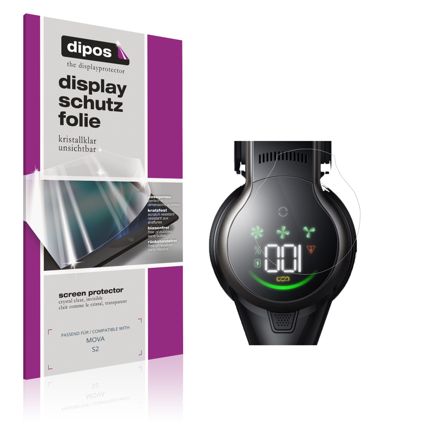 Klare Displayschutzfolie von dipos passend für MOVA S2, präziser Zuschnitt und blasenfrei montiert