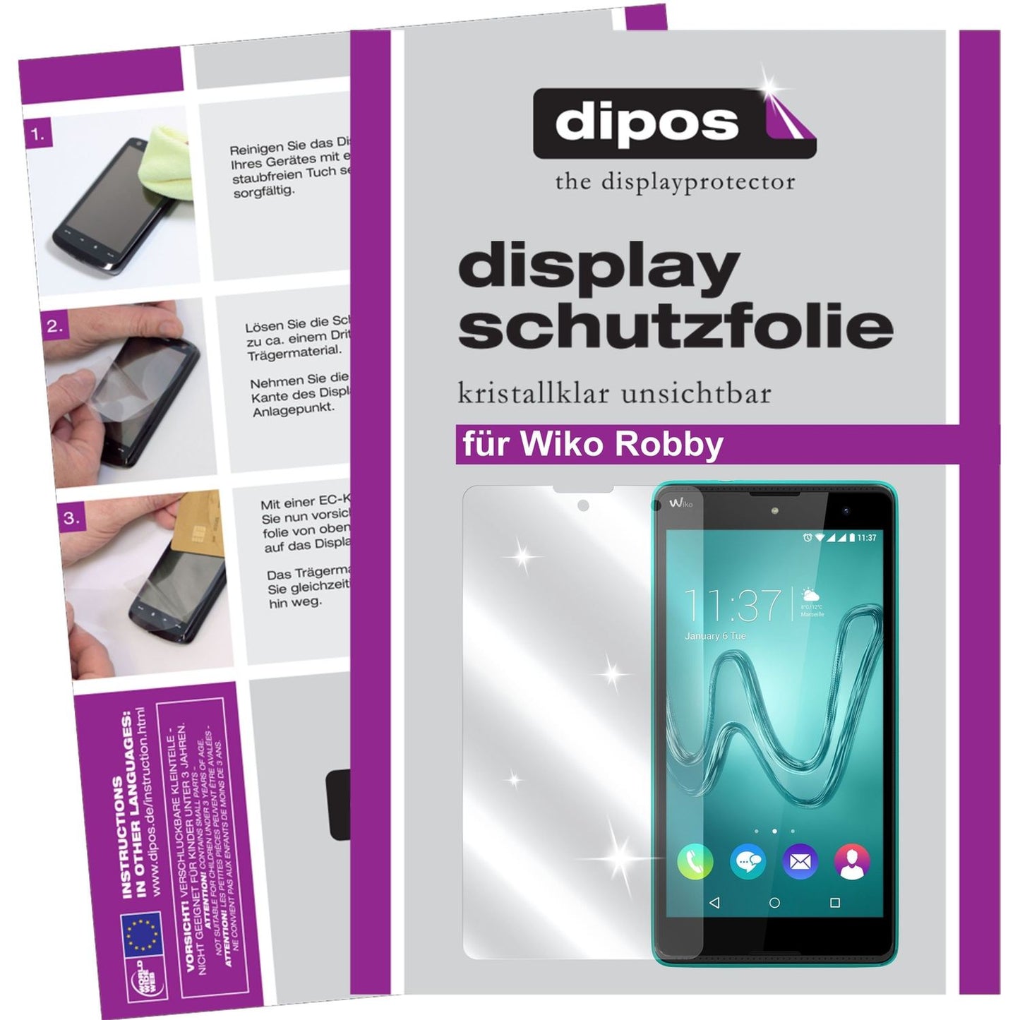 Klare Displayschutzfolie von dipos passend für Robby Wiko, präziser Zuschnitt und blasenfrei montiert