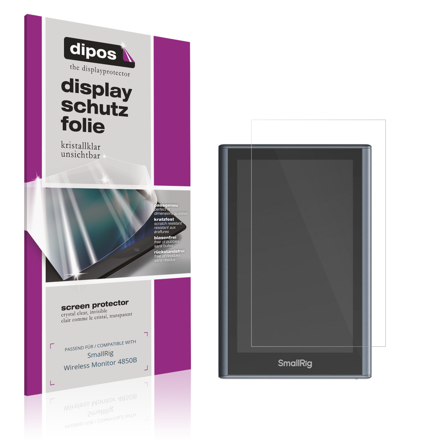 Klare Displayschutzfolie von dipos passend für SmallRig Wireless Monitor 4850B, präziser Zuschnitt und blasenfrei montiert