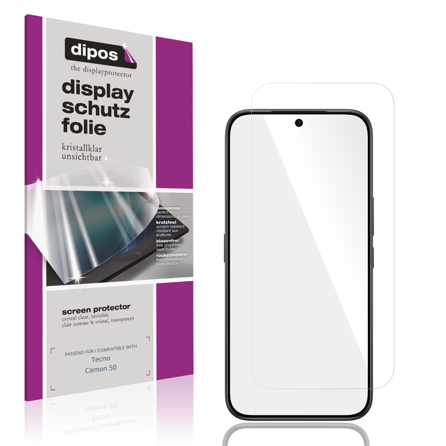 Klare Displayschutzfolie von dipos passend für Tecno Camon 50, präziser Zuschnitt und blasenfrei montiert