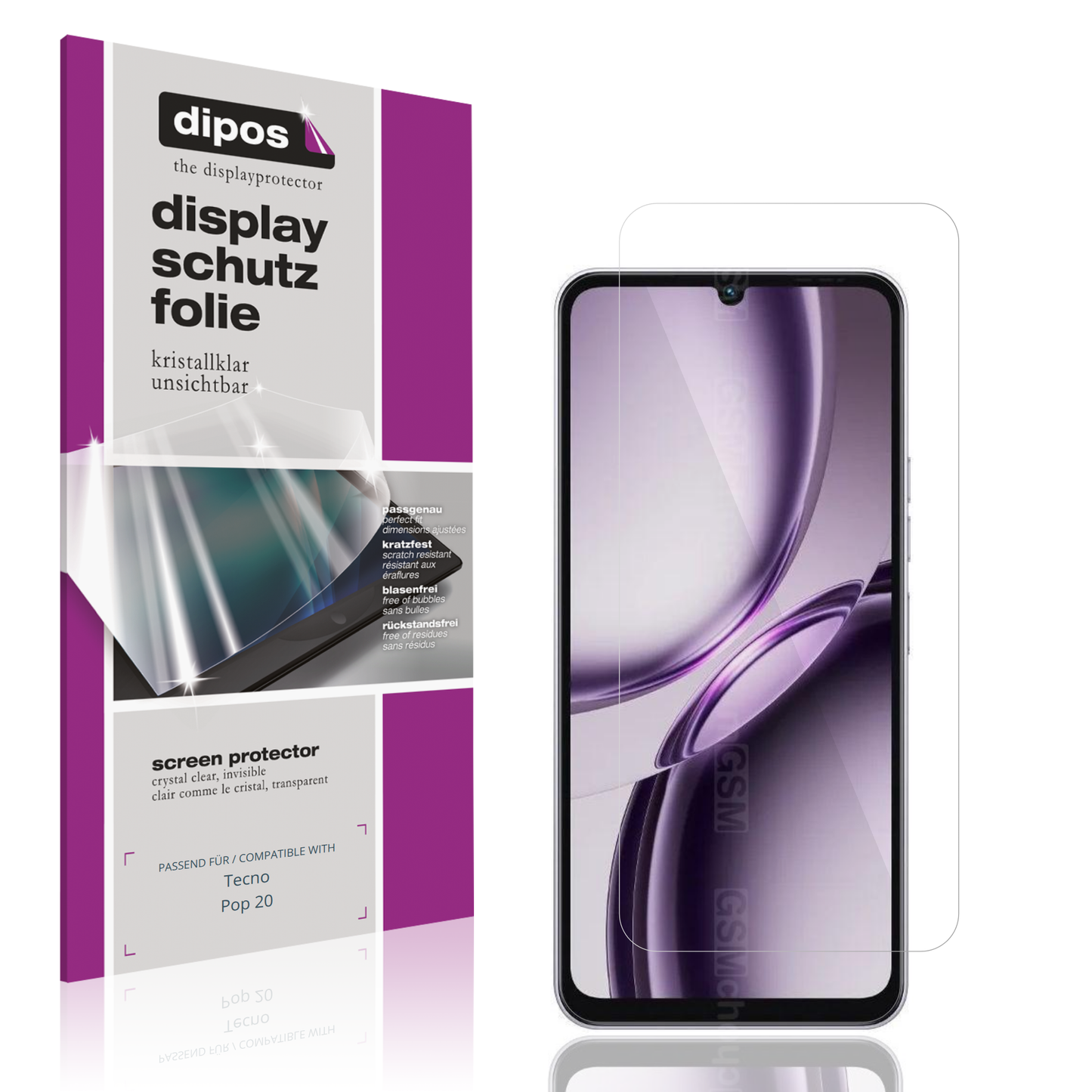 Klare Displayschutzfolie von dipos passend für Tecno Pop 20, präziser Zuschnitt und blasenfrei montiert