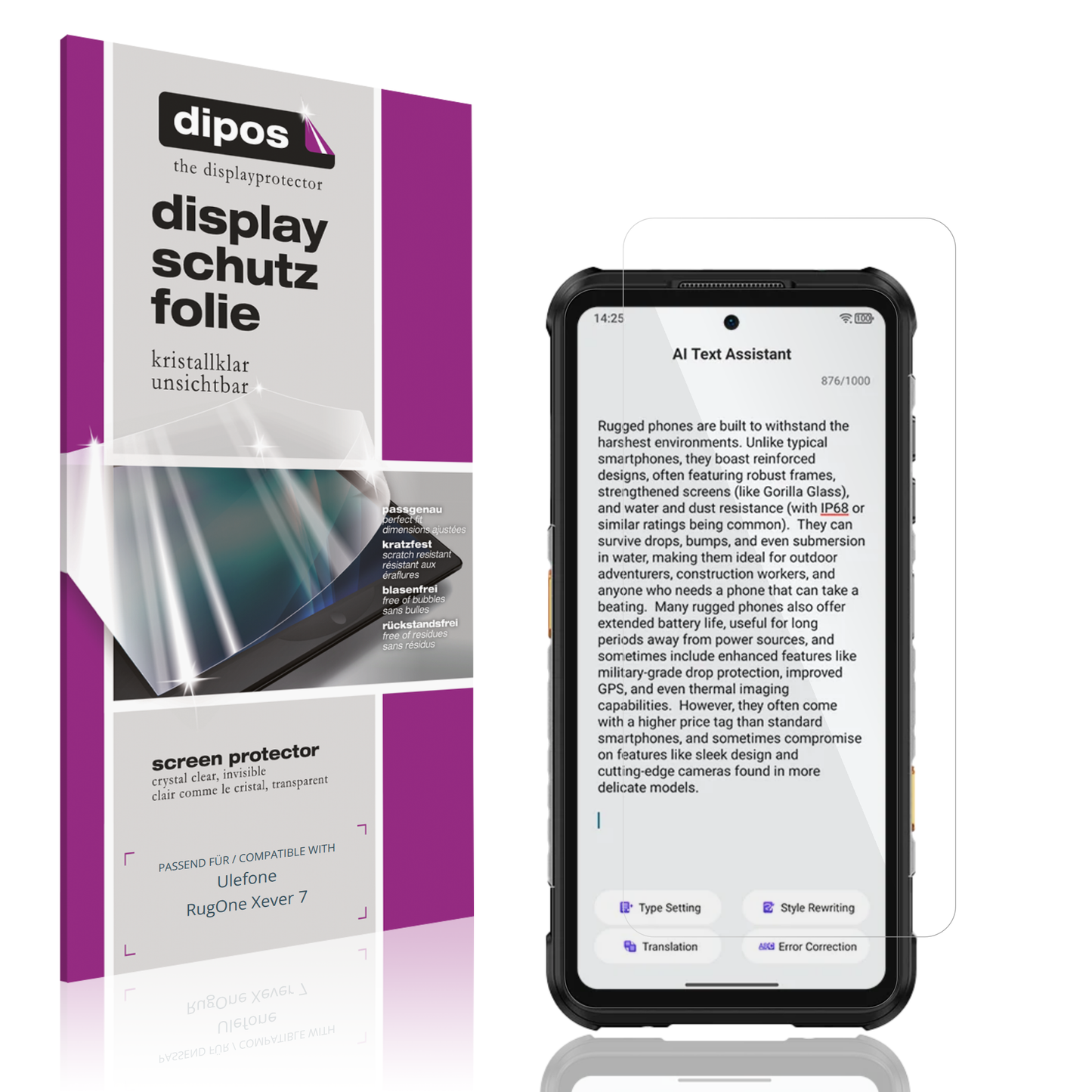 Klare Displayschutzfolie von dipos passend für Ulefone RugOne Xever 7, präziser Zuschnitt und blasenfrei montiert