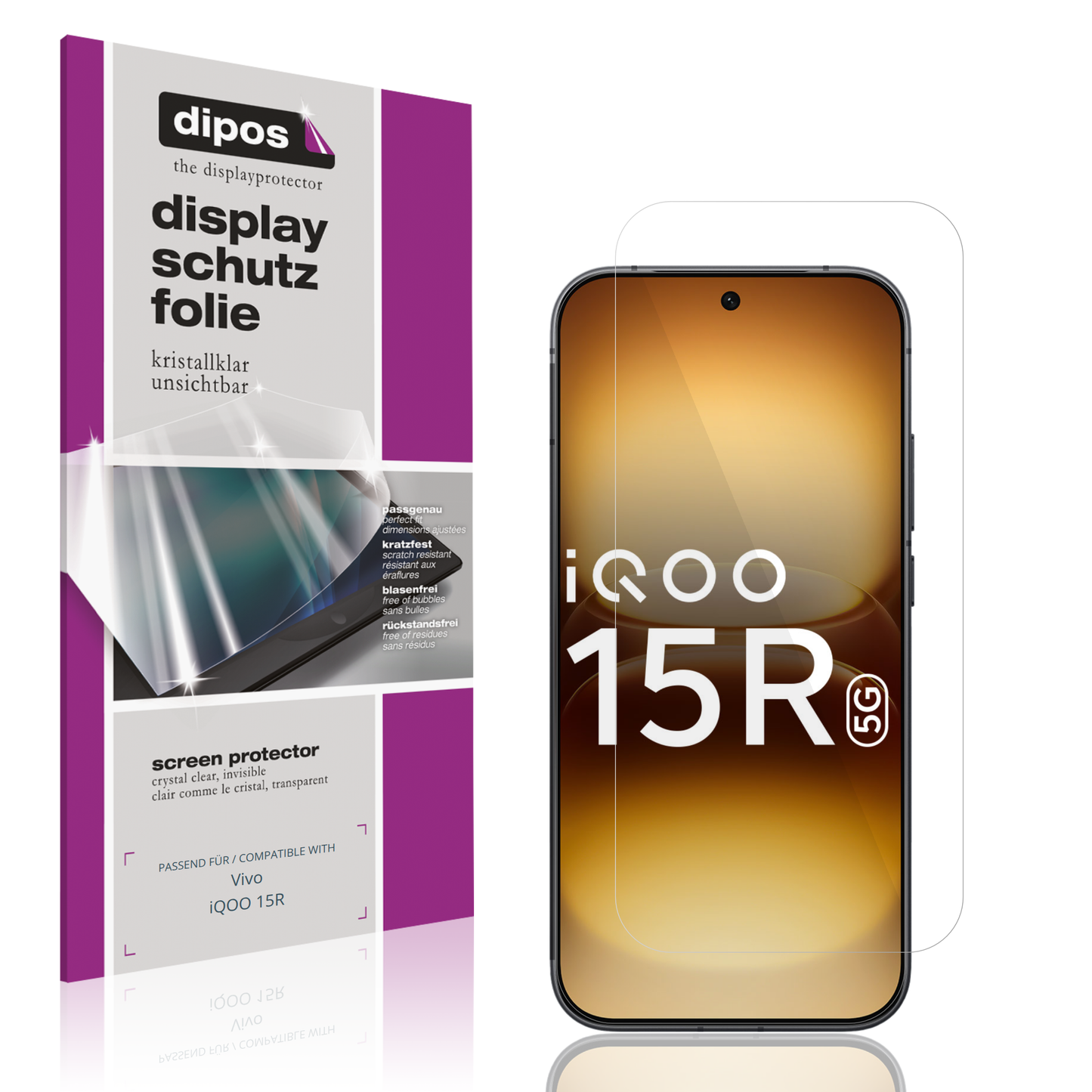 Klare Displayschutzfolie von dipos passend für Vivo iQOO 15R, präziser Zuschnitt und blasenfrei montiert
