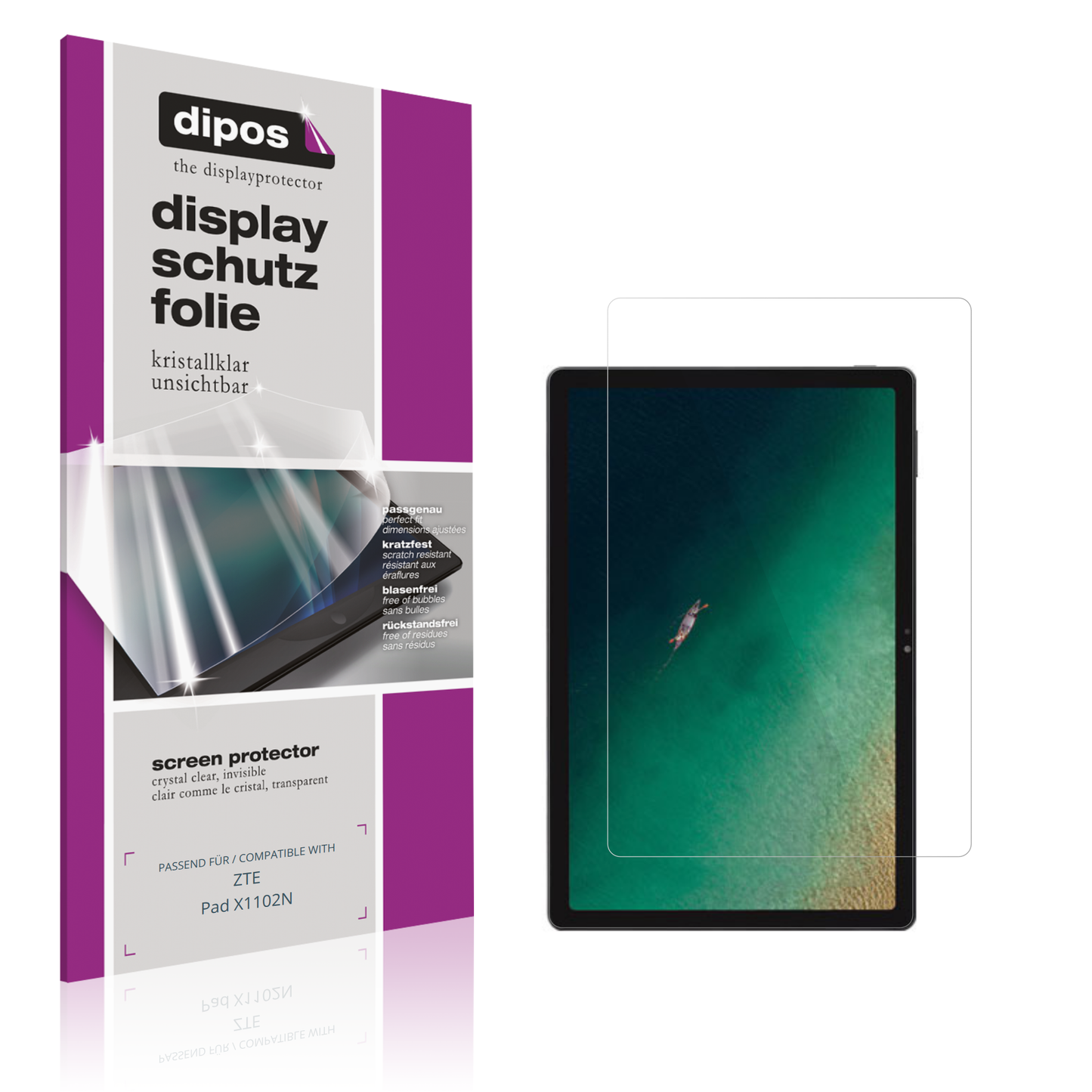 Klare Displayschutzfolie von dipos passend für ZTE Pad X1102N, präziser Zuschnitt und blasenfrei montiert