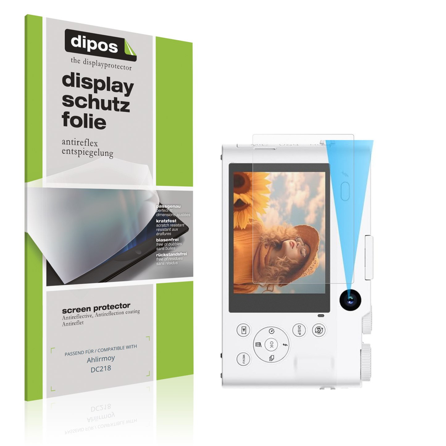 Matte Displayschutzfolie von dipos passend für Ahlirmoy DC218, präziser Zuschnitt und blasenfrei montiert