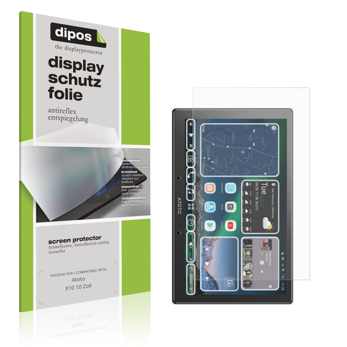Matte Displayschutzfolie von dipos passend für Atoto X10 10 Zoll, präziser Zuschnitt und blasenfrei montiert