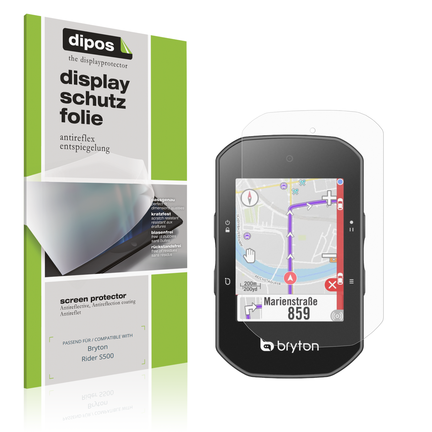 Matte Displayschutzfolie von dipos passend für Bryton Rider S500, präziser Zuschnitt und blasenfrei montiert